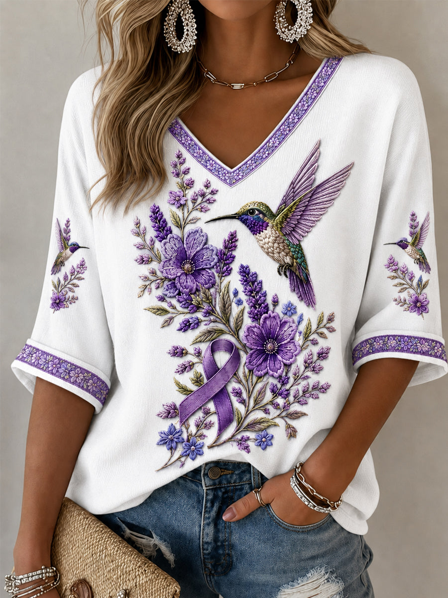 T-shirt à manches mi-longues et col en V pour femmes, imprimé floral violet et colibri, soutien à la sensibilisation à la maladie d’Alzheimer