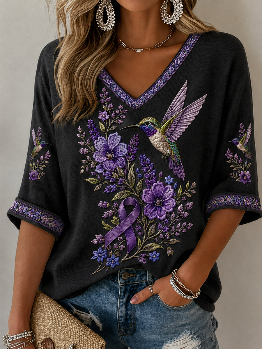 T-shirt à manches mi-longues et col en V pour femmes, imprimé floral violet et colibri, soutien à la sensibilisation à la maladie d’Alzheimer