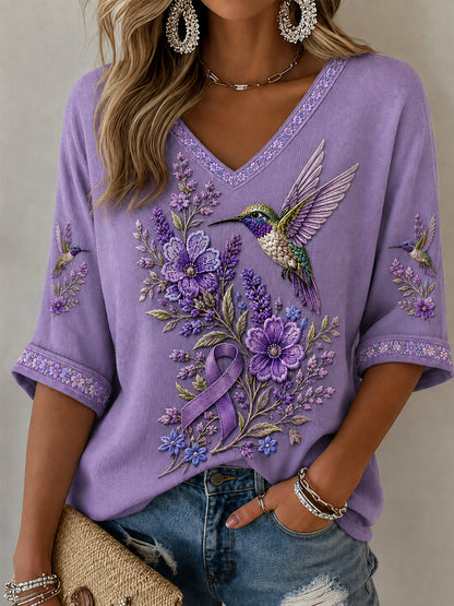 T-shirt à manches mi-longues et col en V pour femmes, imprimé floral violet et colibri, soutien à la sensibilisation à la maladie d’Alzheimer