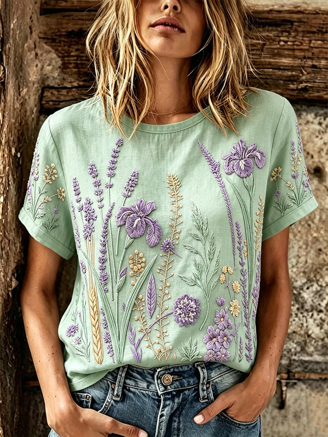 T-shirt décontracté en lin à manches courtes pour femme, imprimé motif fleurs et plantes violet