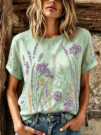 T-shirt décontracté en lin à manches courtes pour femme, imprimé motif fleurs et plantes violet