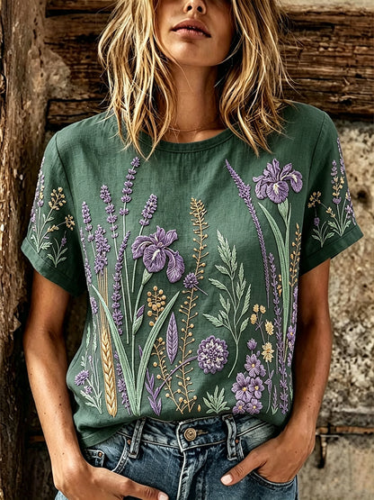 T-shirt décontracté en lin à manches courtes pour femme, imprimé motif fleurs et plantes violet