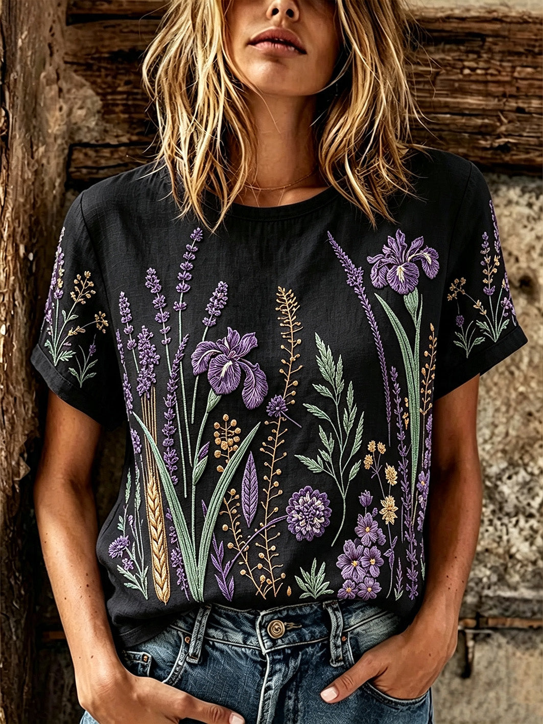 T-shirt décontracté en lin à manches courtes pour femme, imprimé motif fleurs et plantes violet