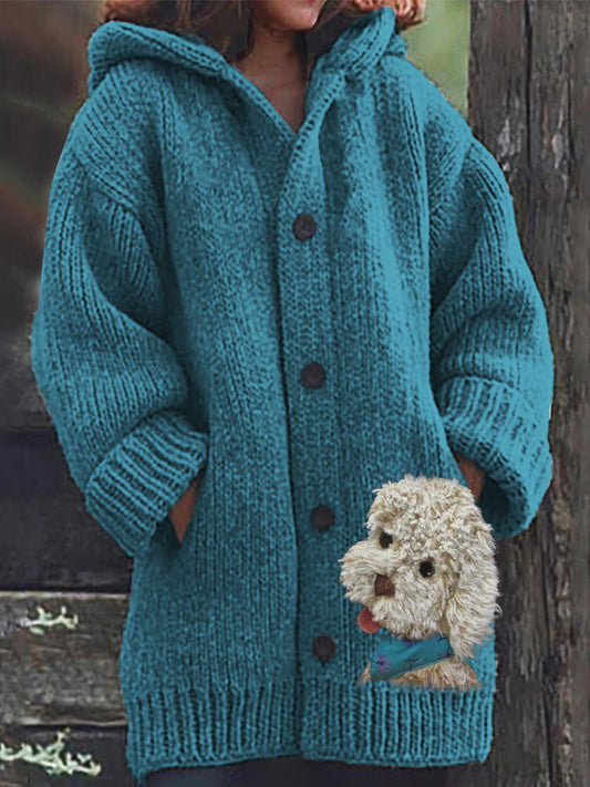 Rétro mignon Pet Print Button Up épais chandail à capuchon à manches longues Cardigan Blue / S Veste