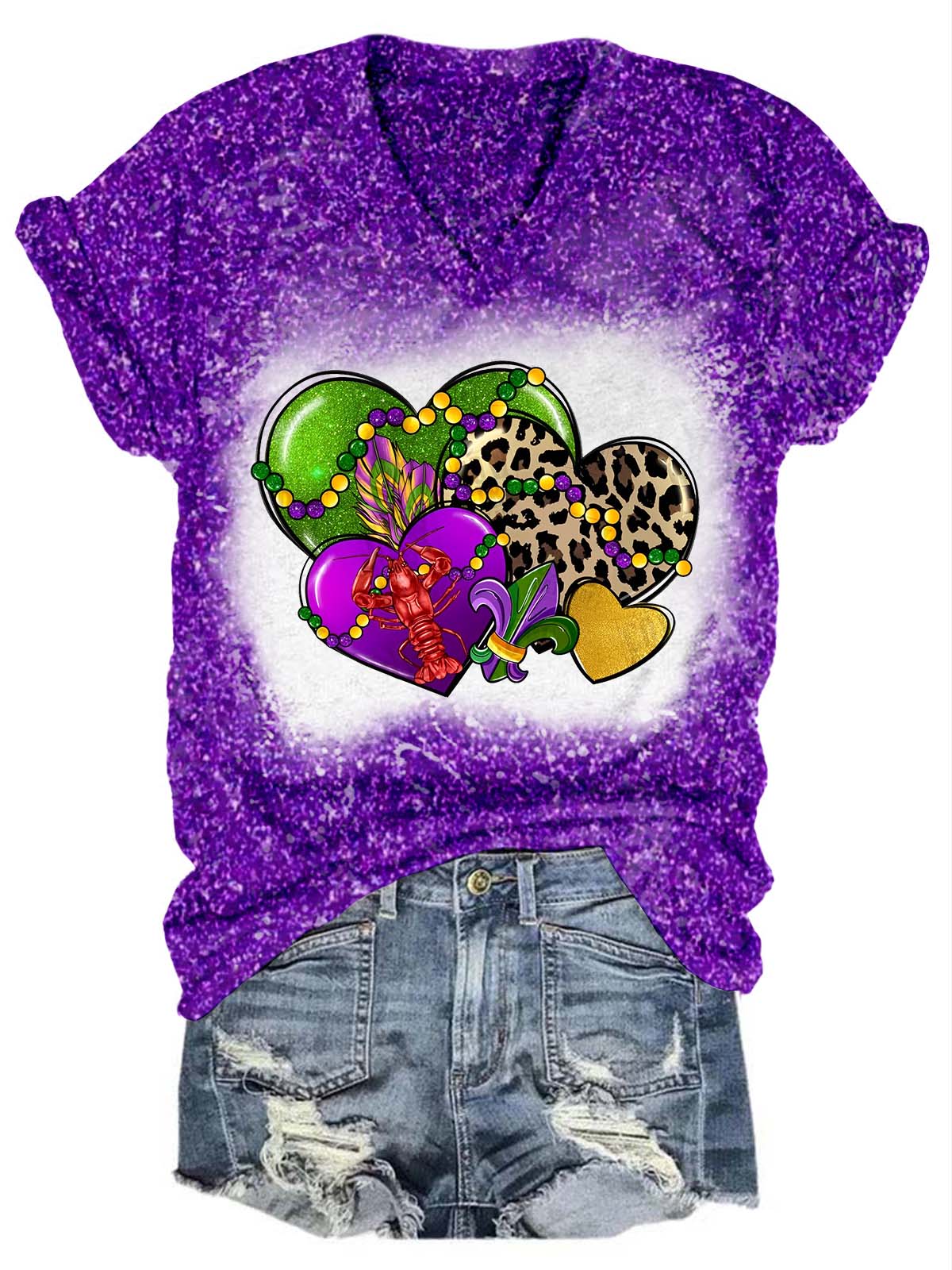 Heart Leopard Mardi Gras Glitter V-Neck T-Shirt Purple / S Mardi Gras