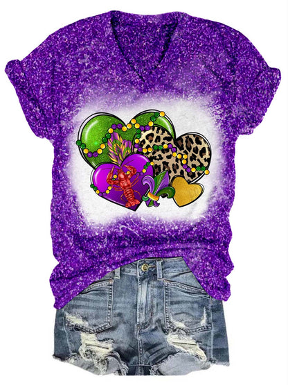 Heart Leopard Mardi Gras Glitter V-Neck T-Shirt Purple / S Mardi Gras