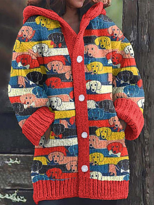 Rétro mignon Pet Print Button Up épais chandail à capuchon à manches longues Cardigan Veste