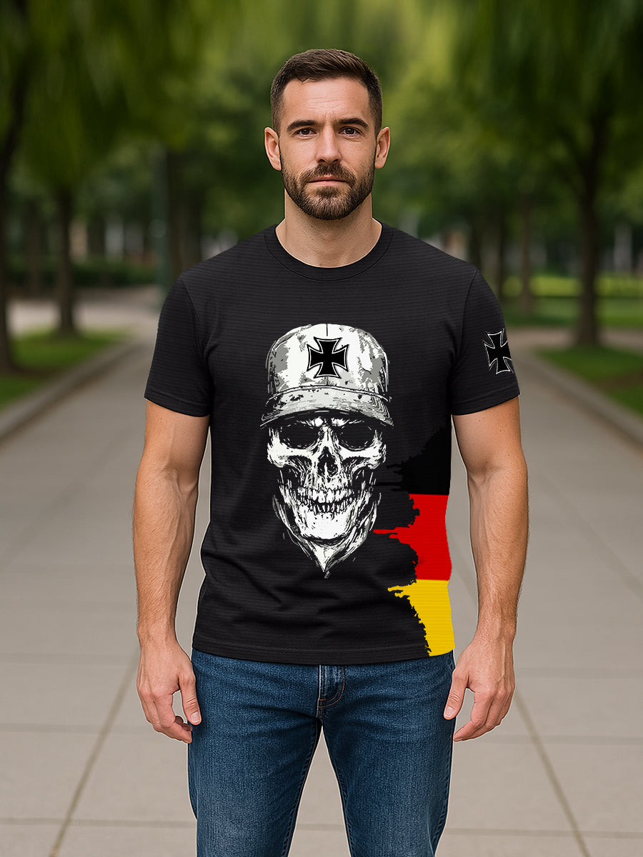 T-shirt allemand à imprimé crâne en croix de fer pour hommes