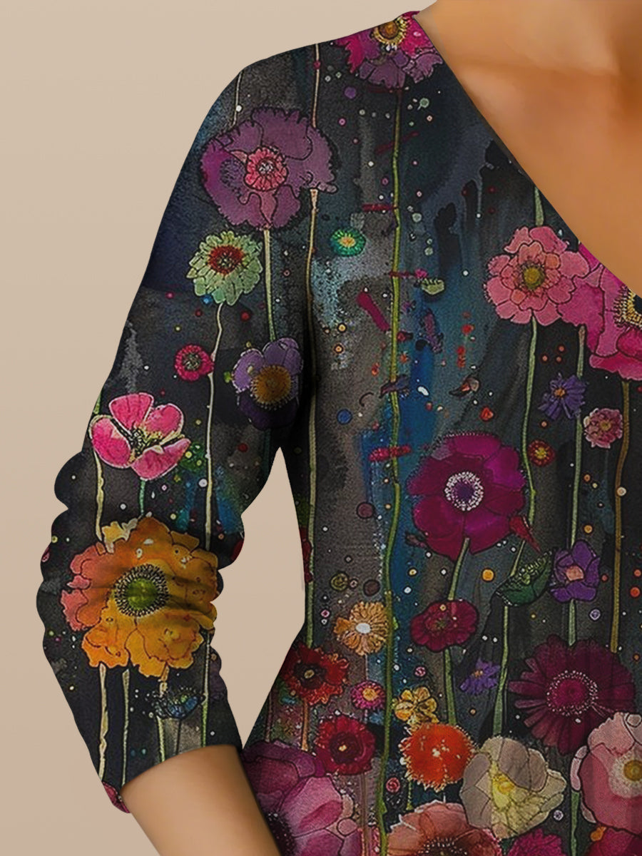 Retro Boho Floral Botanique Imprimer Vintage V-cou Double ourlet coton manches longues robe Midi Robes