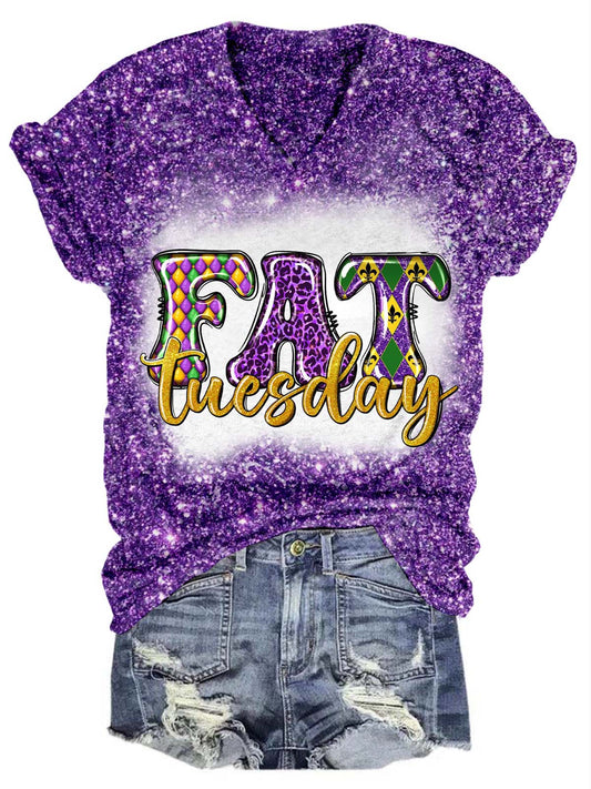 Fat Tuesday Mardi Gras Glitter V-Neck T-Shirt Purple / S Mardi Gras