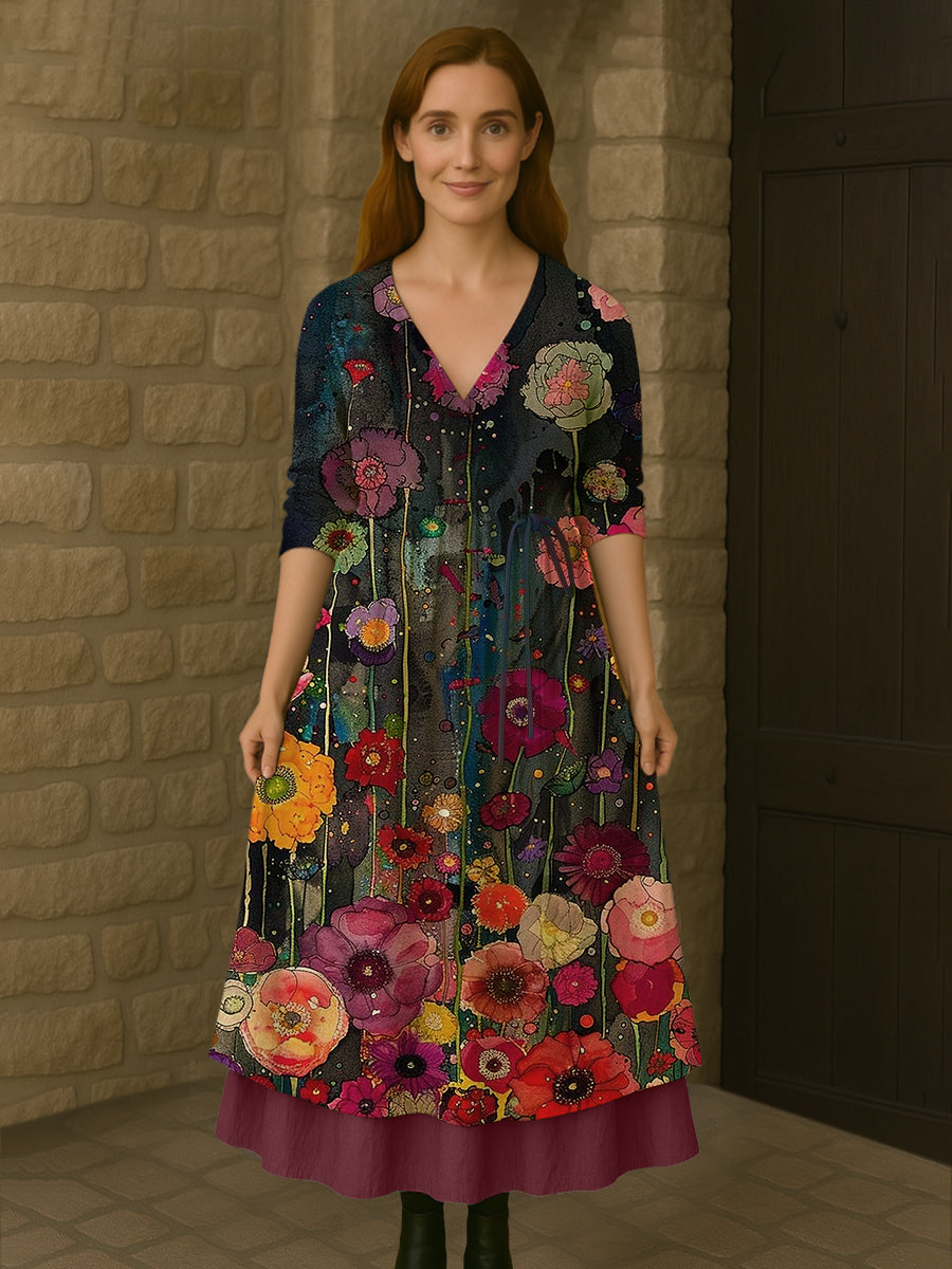 Retro Boho Floral Botanique Imprimer Vintage V-cou Double ourlet coton manches longues robe Midi Robes