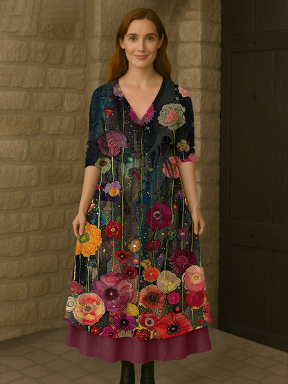 Retro Boho Floral Botanique Imprimer Vintage V-cou Double ourlet coton manches longues robe Midi Robes
