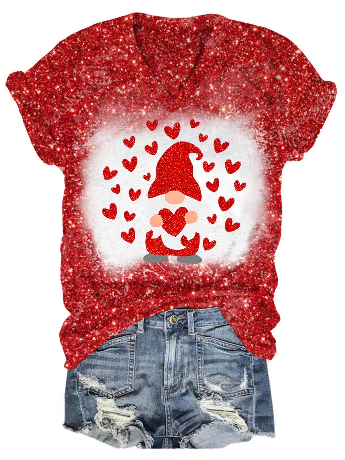 Glitter Gnome Heart V-Neck T-Shirt Red / S Saint Valentin