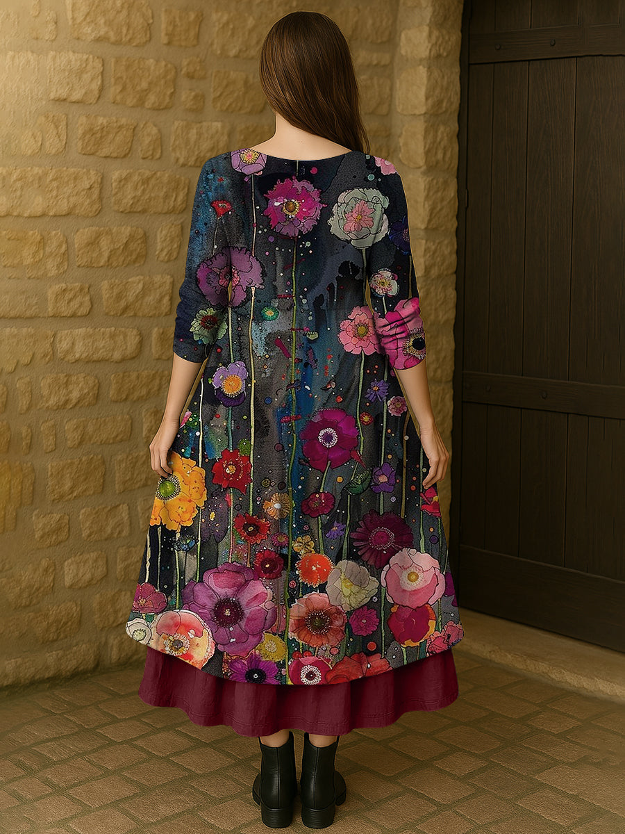 Retro Boho Floral Botanique Imprimer Vintage V-cou Double ourlet coton manches longues robe Midi Robes