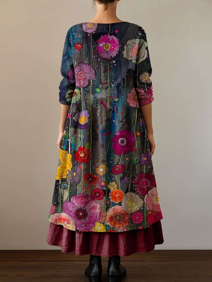 Retro Boho Floral Botanique Imprimer Vintage V-cou Double ourlet coton manches longues robe Midi Robes