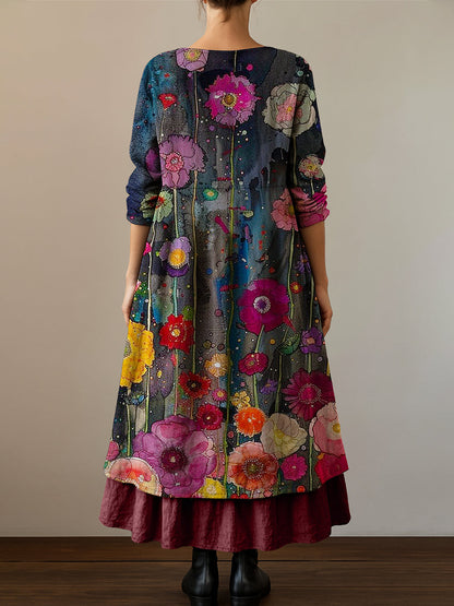 Retro Boho Floral Botanique Imprimer Vintage V-cou Double ourlet coton manches longues robe Midi Robes