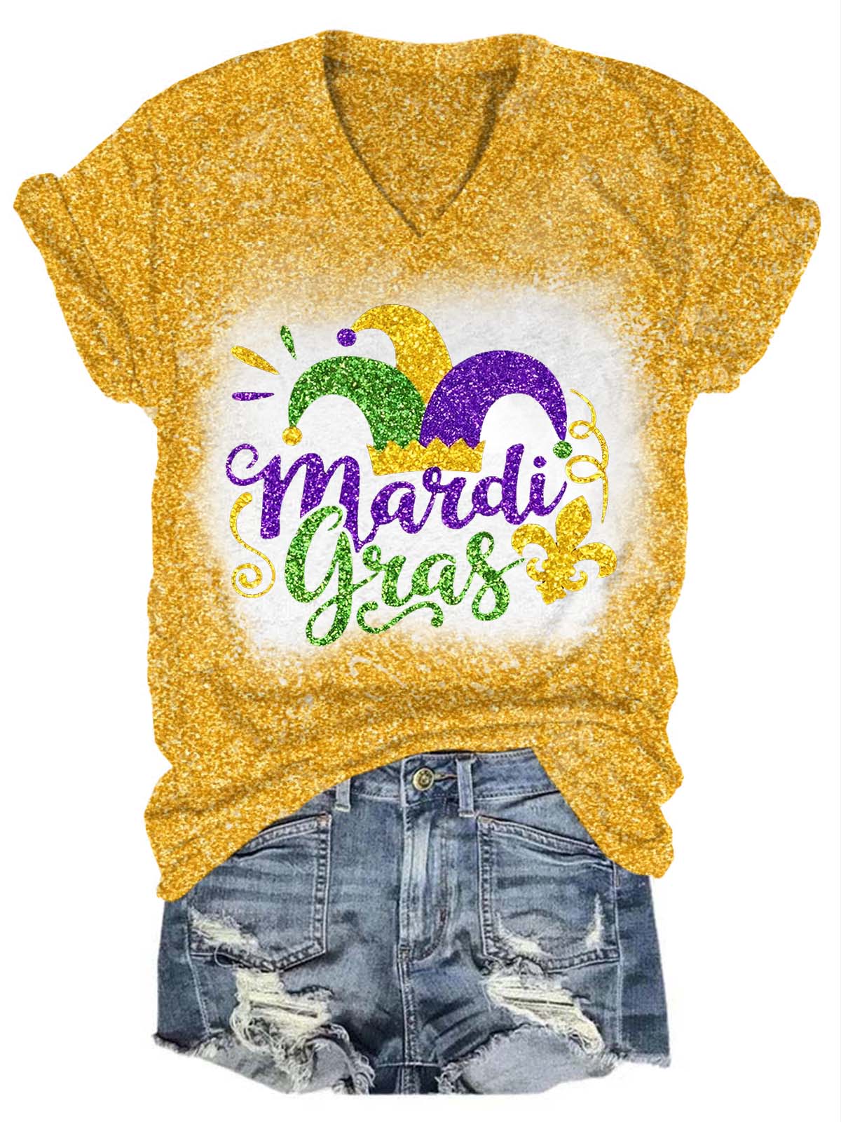 Mardi Gras Fat Tuesday Glitter V-Neck T-Shirt Yellow / S Mardi Gras