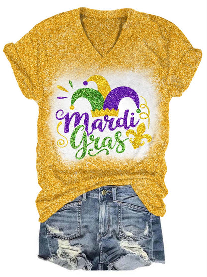 Mardi Gras Fat Tuesday Glitter V-Neck T-Shirt Yellow / S Mardi Gras