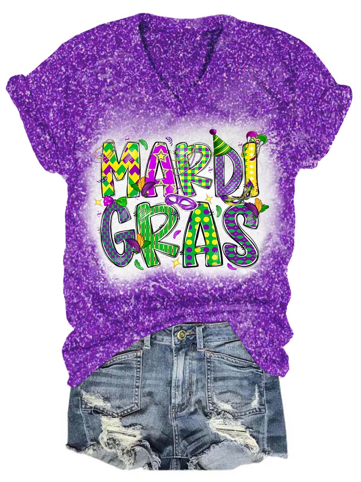 Happy Mardi Gras Glitter V-Neck Tee Purple / S Mardi Gras