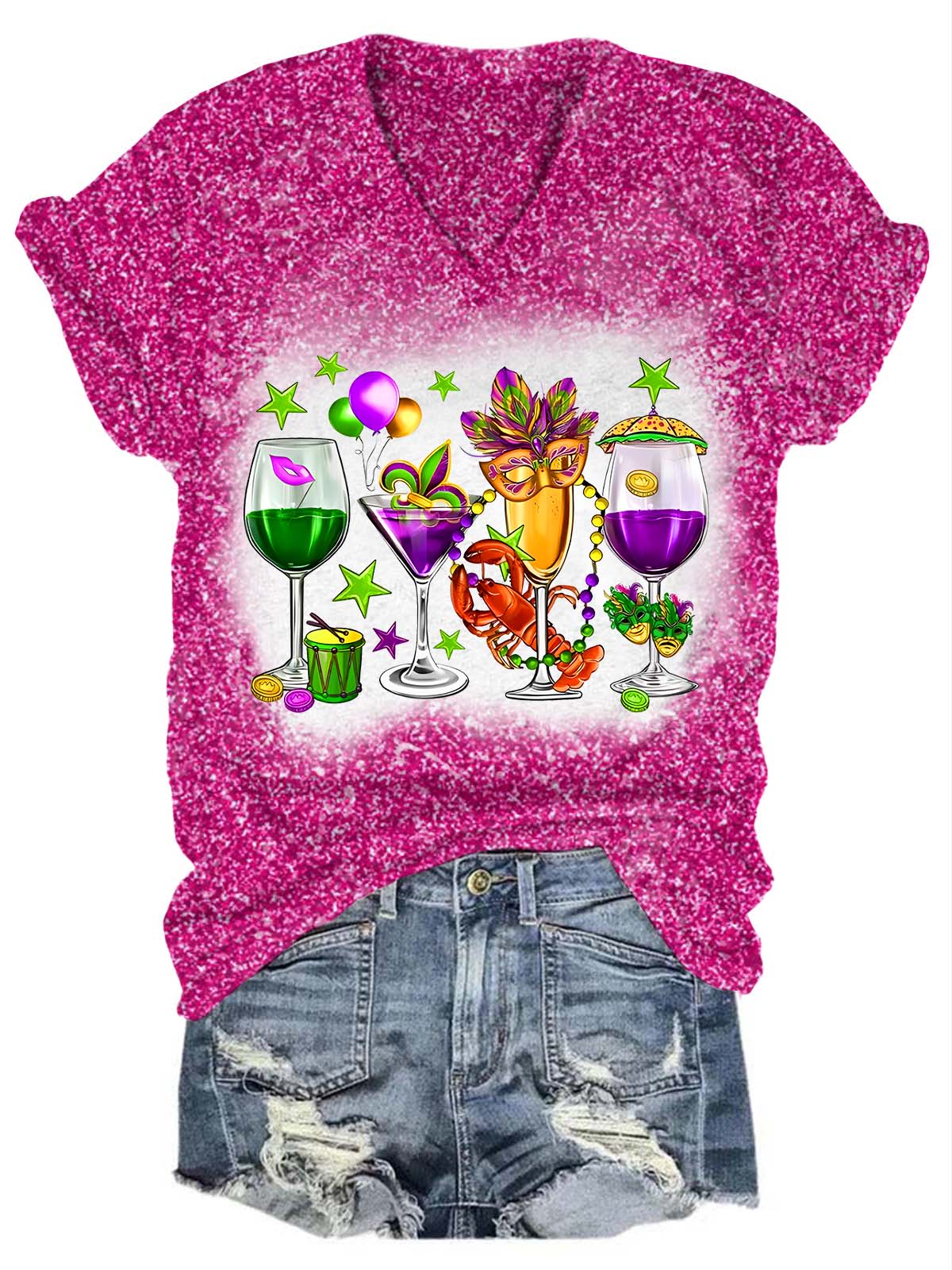 Fat Tuesday Mardi Gras Glitter V-Neck T-Shirt Rose Red / S Mardi Gras