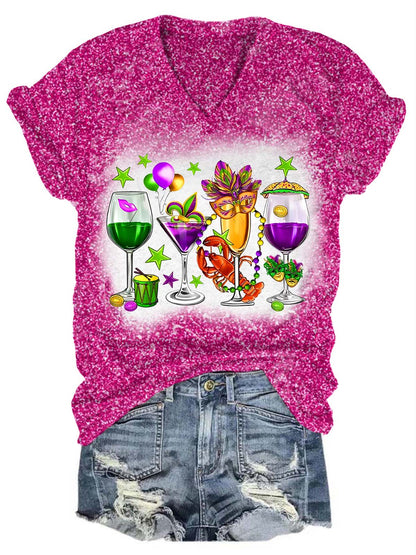 Fat Tuesday Mardi Gras Glitter V-Neck T-Shirt Rose Red / S Mardi Gras