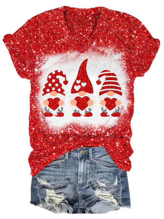 Valentine’s Glitter Gnome V-Neck T-Shirt Red / S Saint Valentin