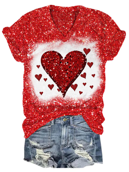 Women’s Valentine’s Day Heart Print Glitter T-Shirt Red / S Saint Valentin
