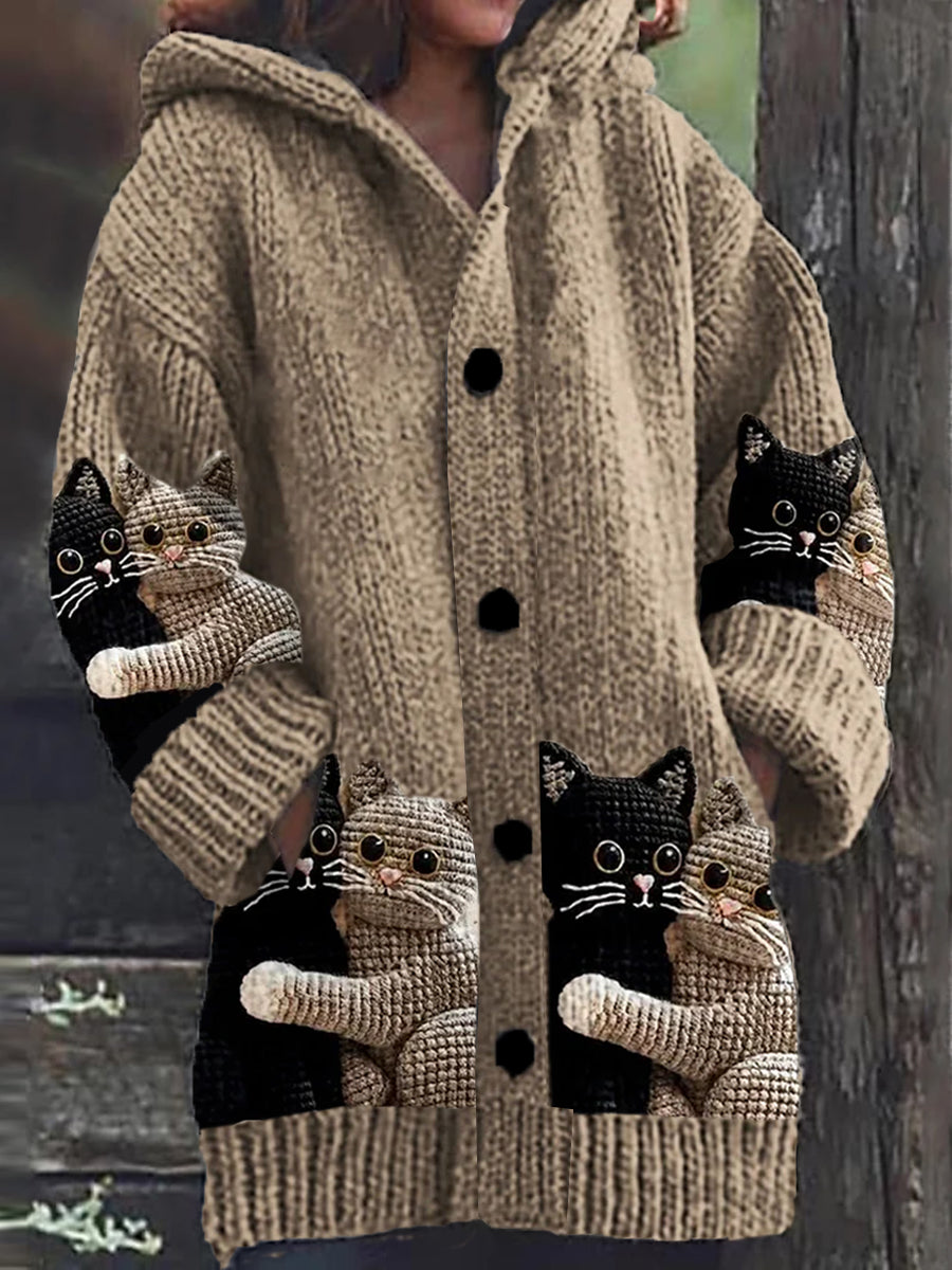 Mignon Chat Imprimer Bouton Épais À Manches Longues À Capuche Cardigan Pull C / S Veste