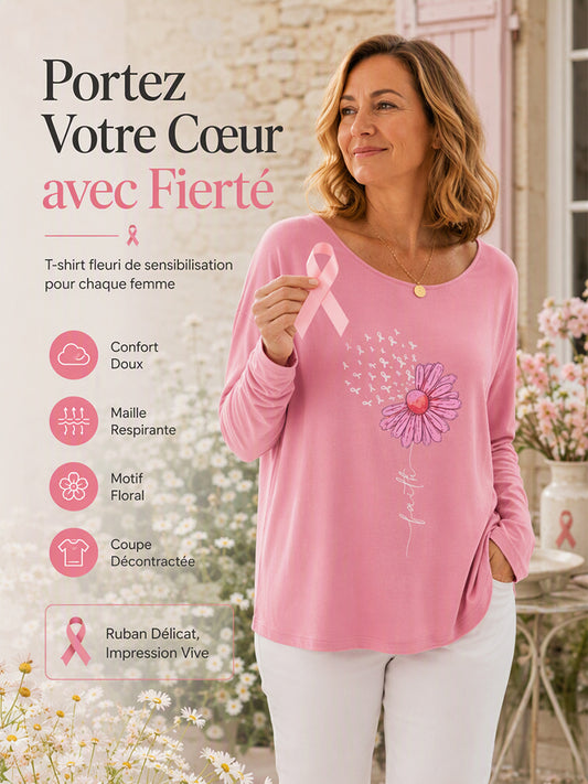 Femmes Rose Ruban Tournesol Foi Impression Sensibilisation Au Cancer Du Sein Soutien Haut À Manches Longues