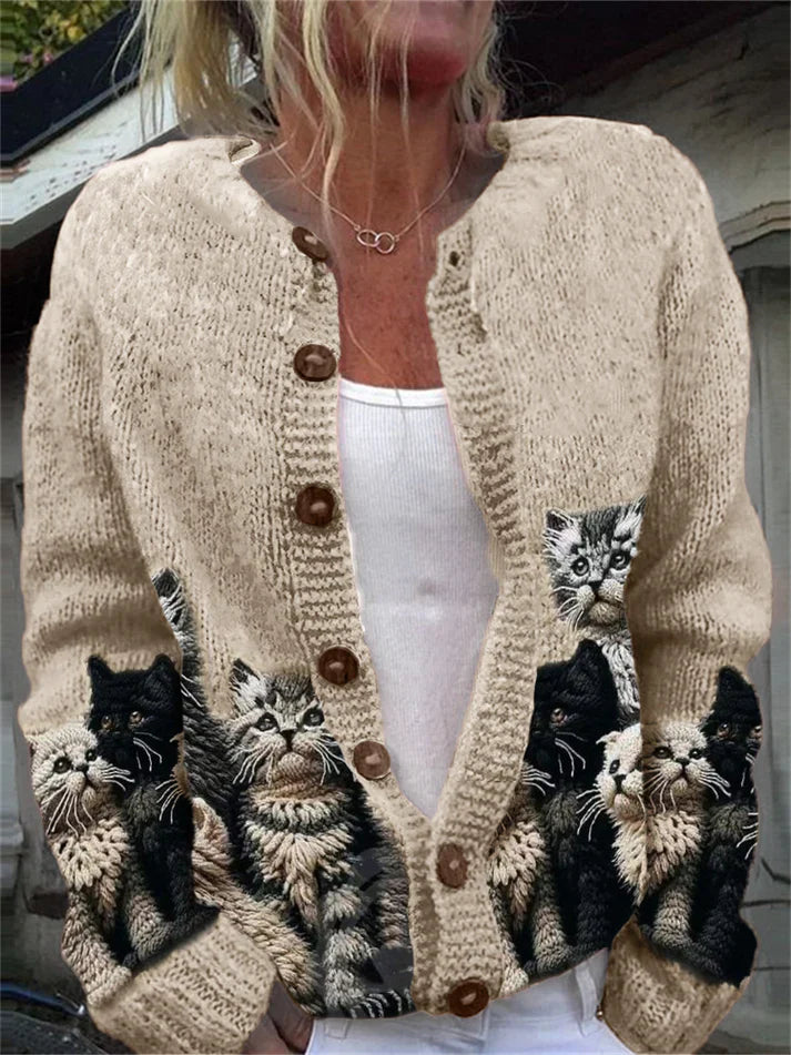Élégant Rétro Chat Imprimé Boutonné Décontracté À Manches Longues En Tricot Cardigan Pull Khaki / S Veste