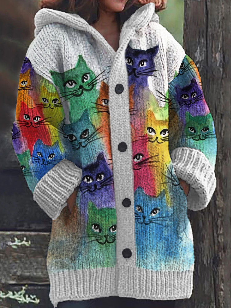 Rétro mignon Pet Print Button Up épais chandail à capuchon à manches longues Cardigan Gray white / S Veste