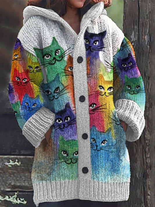 Rétro mignon Pet Print Button Up épais chandail à capuchon à manches longues Cardigan Gray white / S Veste