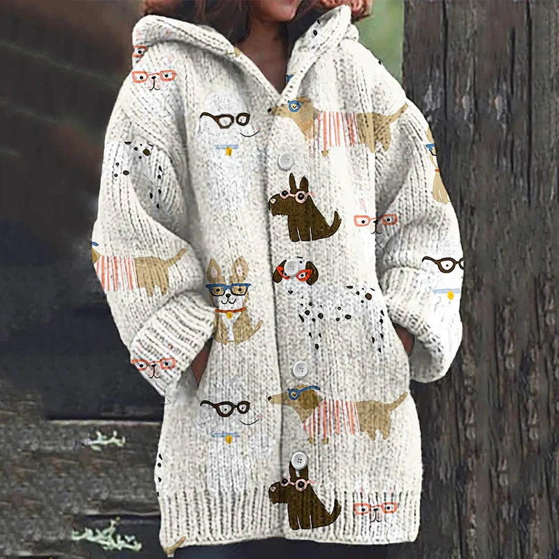 Rétro mignon Pet Print Button Up épais chandail à capuchon à manches longues Cardigan Beige / S Veste