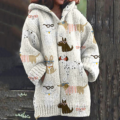Rétro mignon Pet Print Button Up épais chandail à capuchon à manches longues Cardigan Beige / S Veste