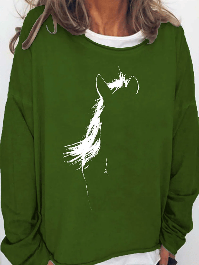 Horse Print Round Neck Casual Sweatshirt Green / S Pull