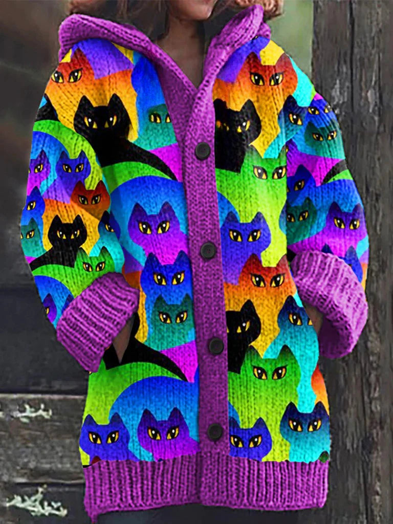 Rétro mignon Pet Print Button Up épais chandail à capuchon à manches longues Cardigan Purple / S Veste