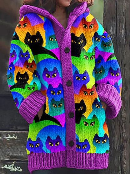 Rétro mignon Pet Print Button Up épais chandail à capuchon à manches longues Cardigan Purple / S Veste