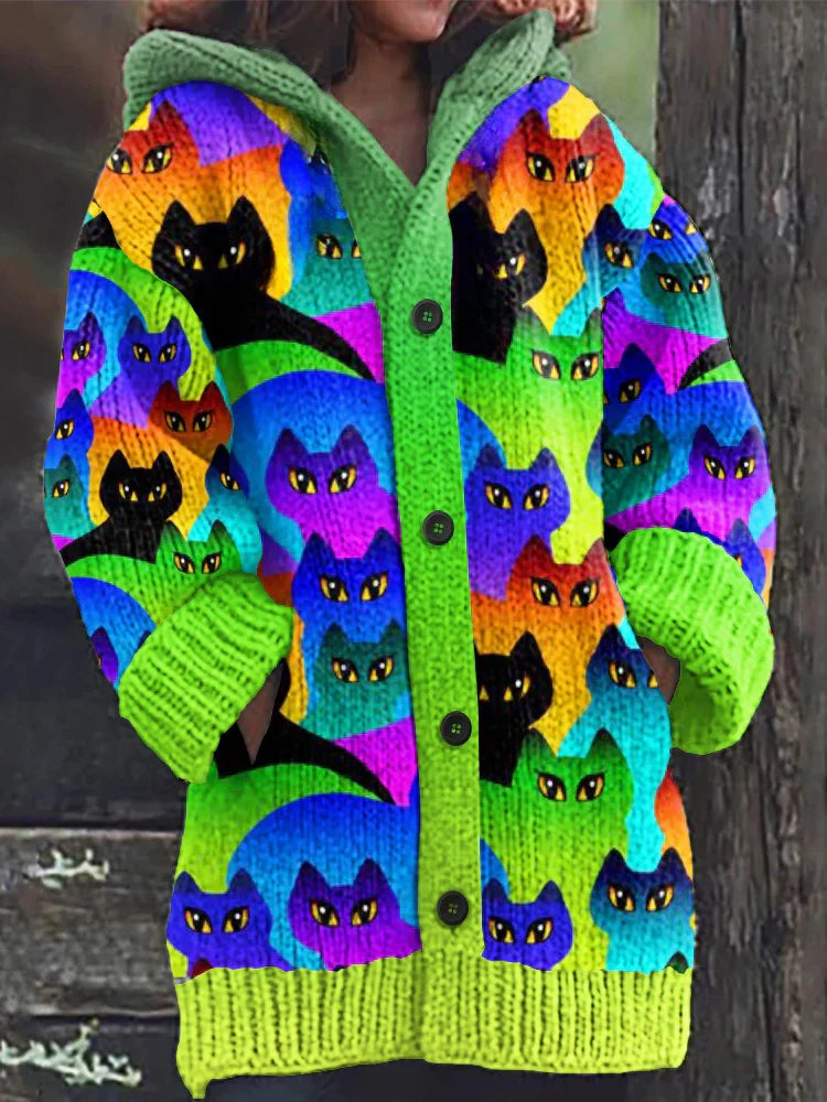 Rétro mignon Pet Print Button Up épais chandail à capuchon à manches longues Cardigan Green / S Veste