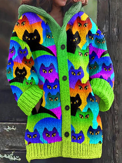 Rétro mignon Pet Print Button Up épais chandail à capuchon à manches longues Cardigan Green / S Veste