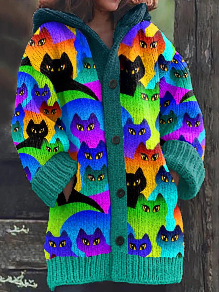 Rétro mignon Pet Print Button Up épais chandail à capuchon à manches longues Cardigan Lake blue / S Veste