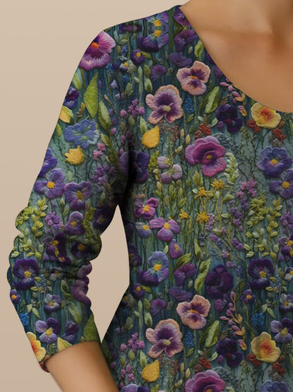 Les femmes de la conscience de la maladie d’Alzheimer fleur pourpre imprimé coton lin manches longues Maxi Dress