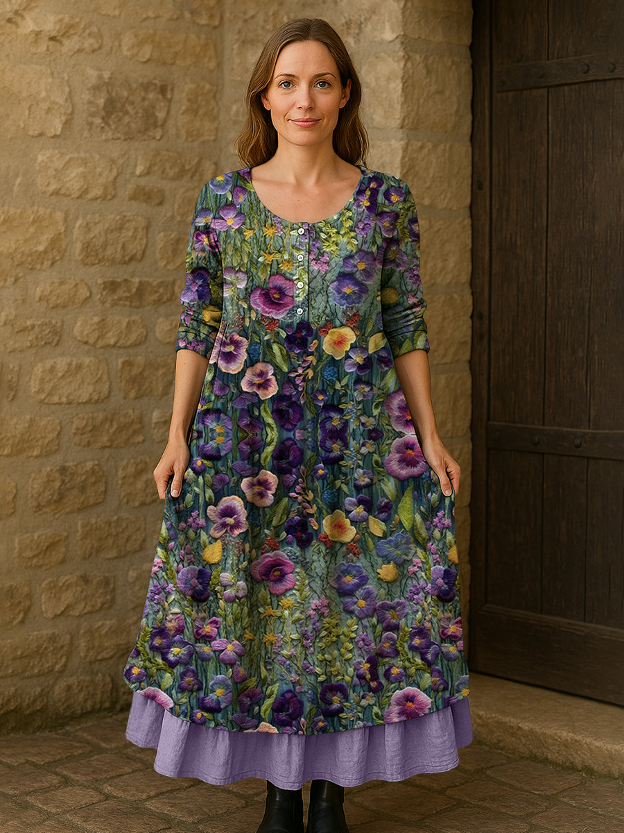 Les femmes de la conscience de la maladie d’Alzheimer fleur pourpre imprimé coton lin manches longues Maxi Dress