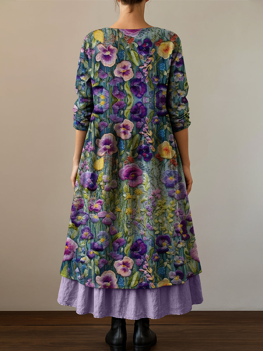 Les femmes de la conscience de la maladie d’Alzheimer fleur pourpre imprimé coton lin manches longues Maxi Dress