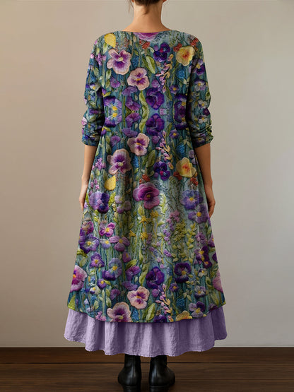 Les femmes de la conscience de la maladie d’Alzheimer fleur pourpre imprimé coton lin manches longues Maxi Dress