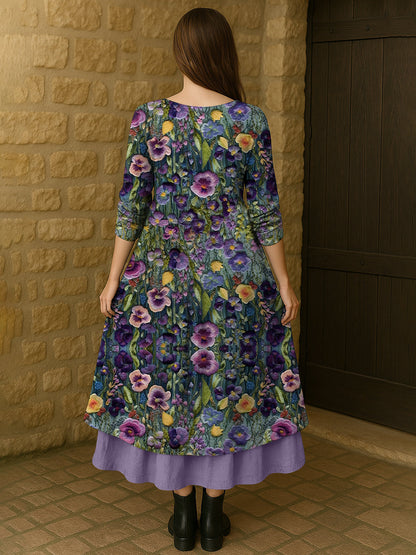Les femmes de la conscience de la maladie d’Alzheimer fleur pourpre imprimé coton lin manches longues Maxi Dress