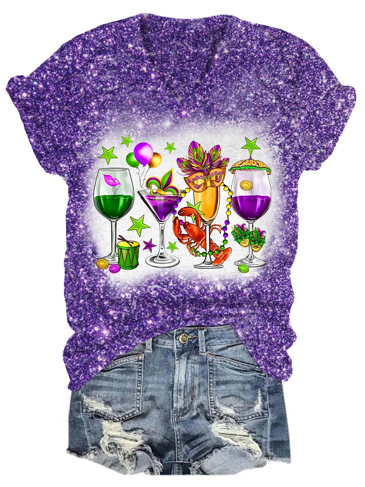 Fat Tuesday Mardi Gras Glitter V-Neck T-Shirt Purple / S Mardi Gras