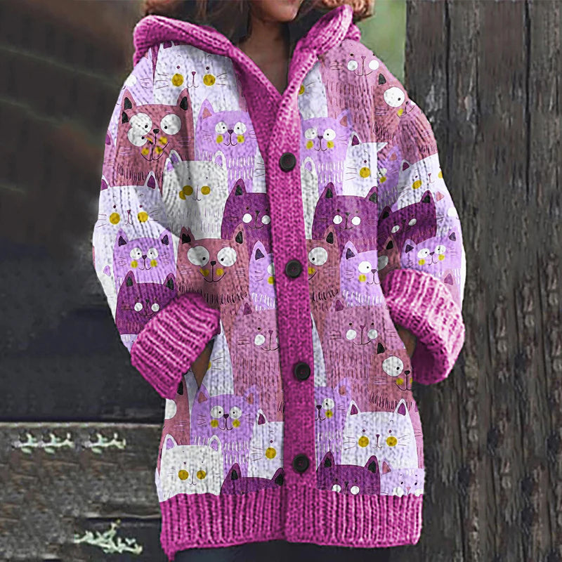 Rétro mignon Pet Print Button Up épais chandail à capuchon à manches longues Cardigan Rose red / S Veste