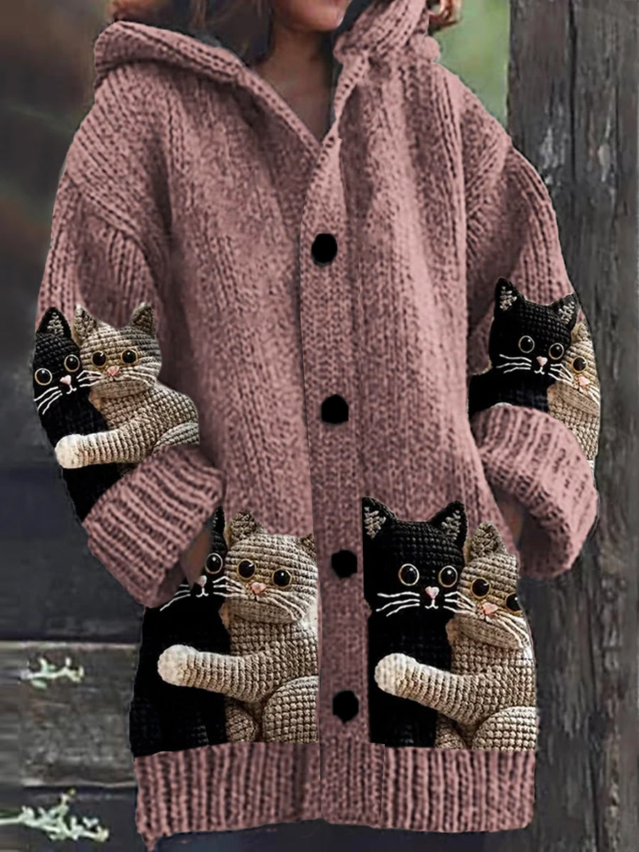 Mignon Chat Imprimer Bouton Épais À Manches Longues À Capuche Cardigan Pull E / S Veste
