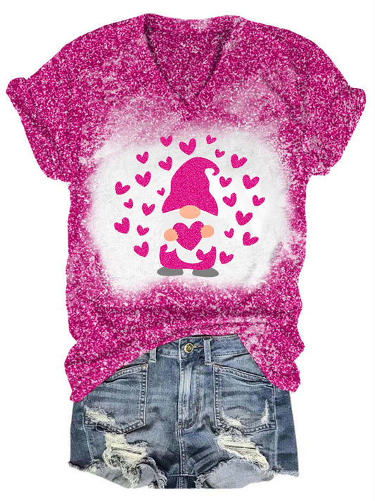Glitter Gnome Heart V-Neck T-Shirt Rose Red / S Saint Valentin
