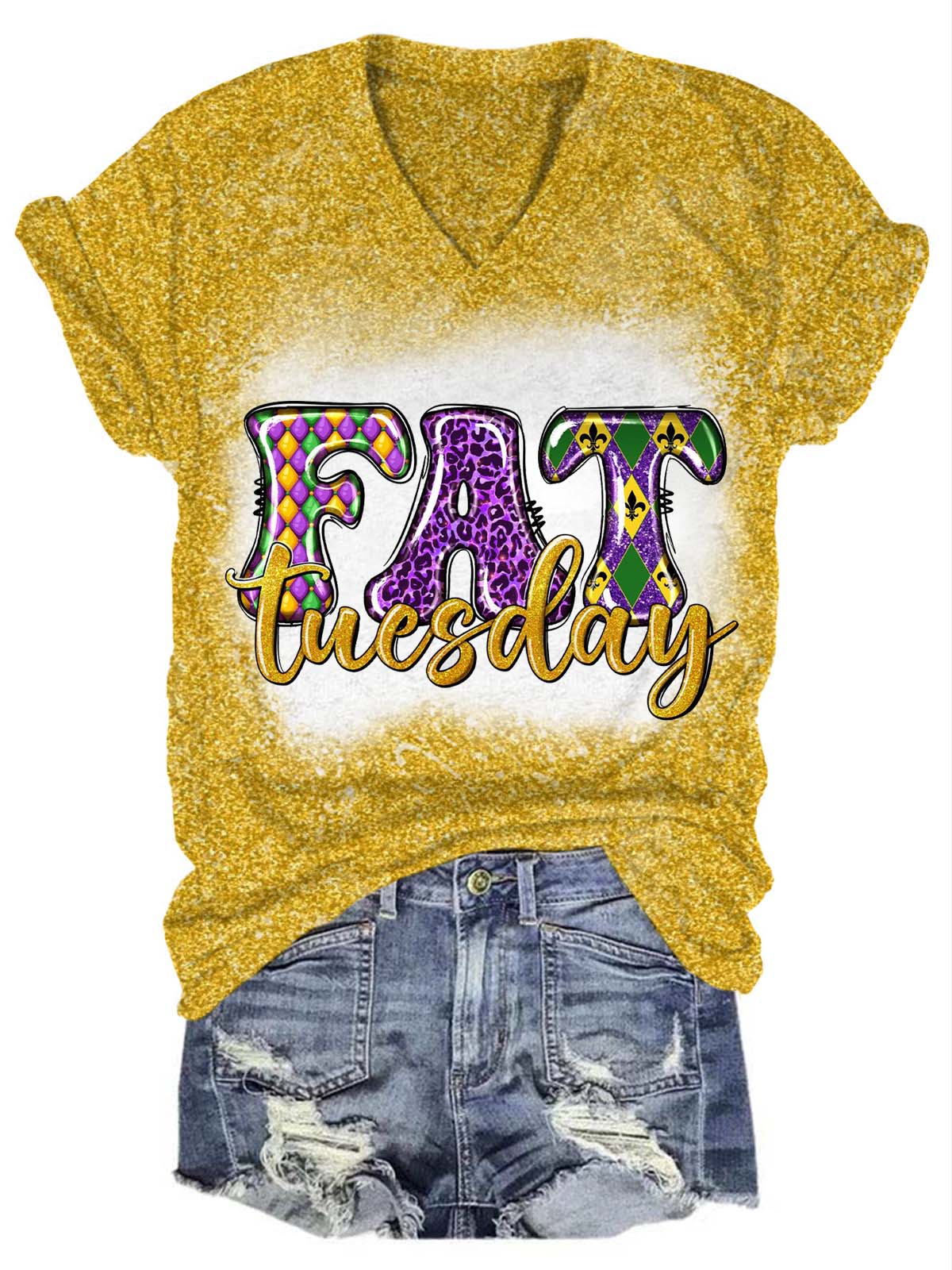 Fat Tuesday Mardi Gras Glitter V-Neck T-Shirt Yellow / S Mardi Gras